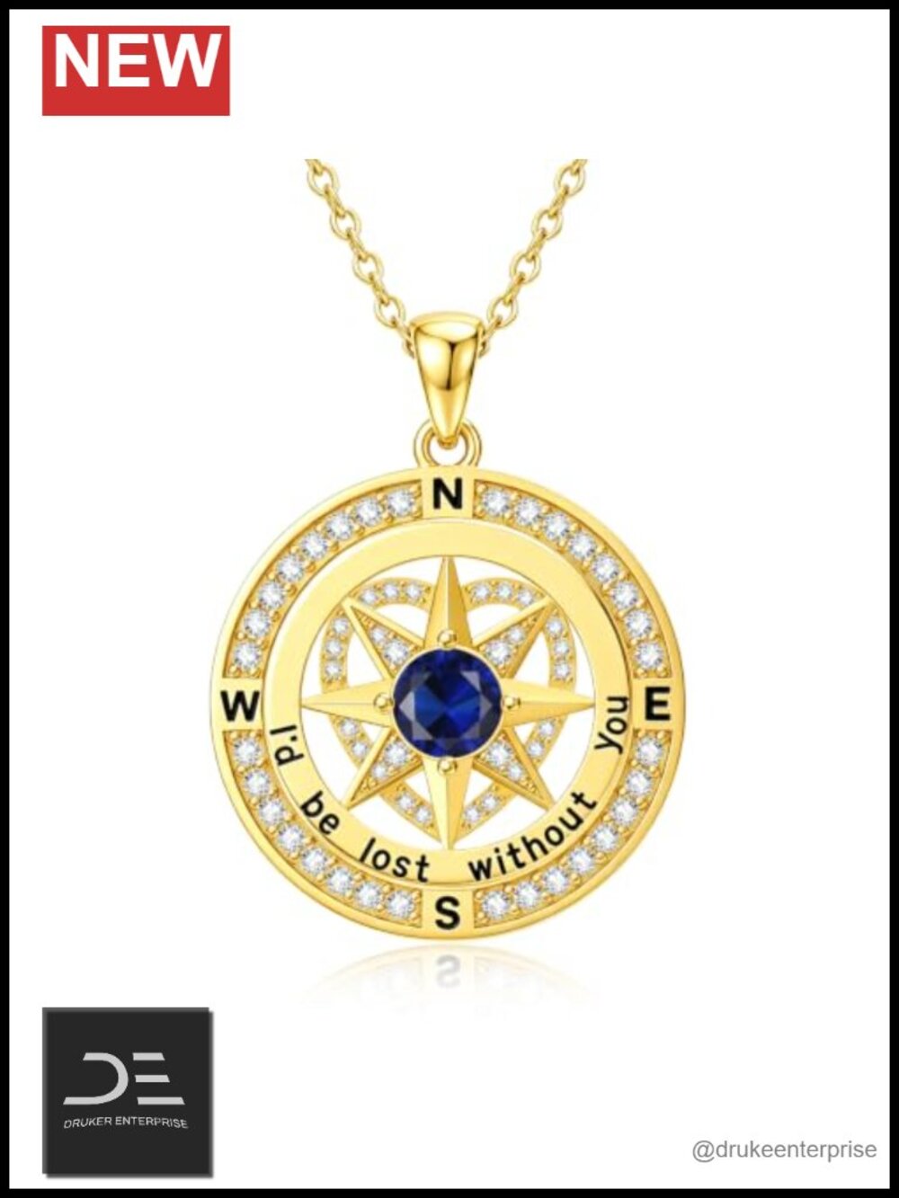 14K Gold Plated Compass Birthstone Pendant Necklace with CZ Stones